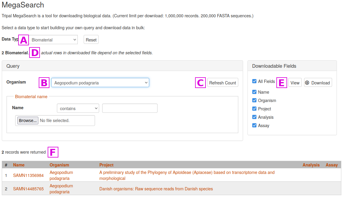 CarrotOmics MegaSearch Biomaterial Example